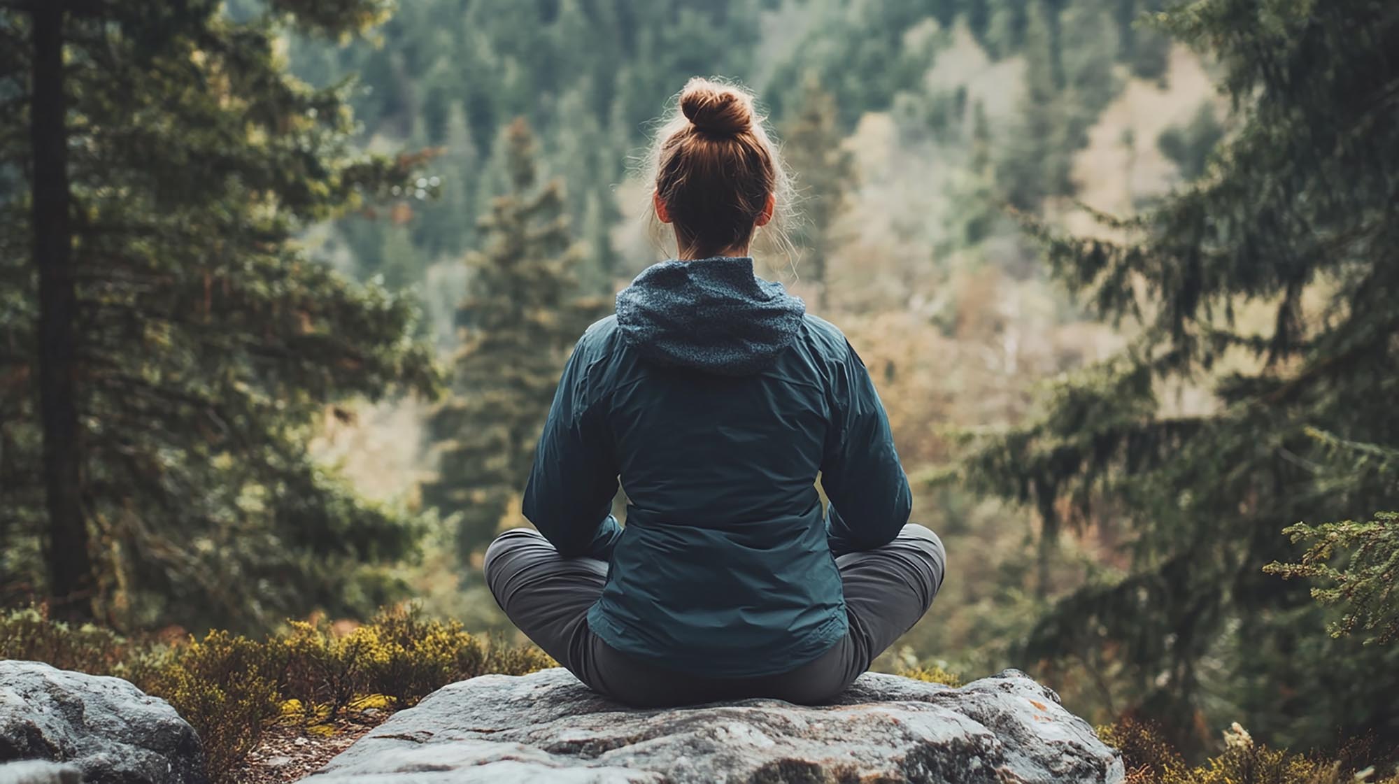 Person in a dark jacket sits cross-legged on a rock, facing a lush forest. The scene feels peaceful and contemplative, surrounded by tall trees.
