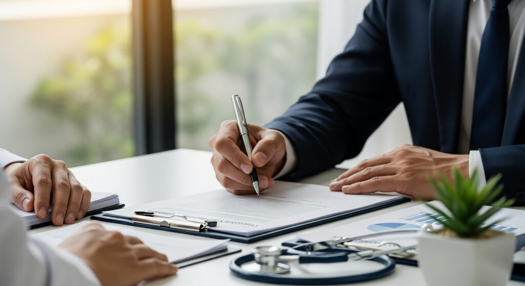 Two professionals in business attire signing documents for Revity Medical.
