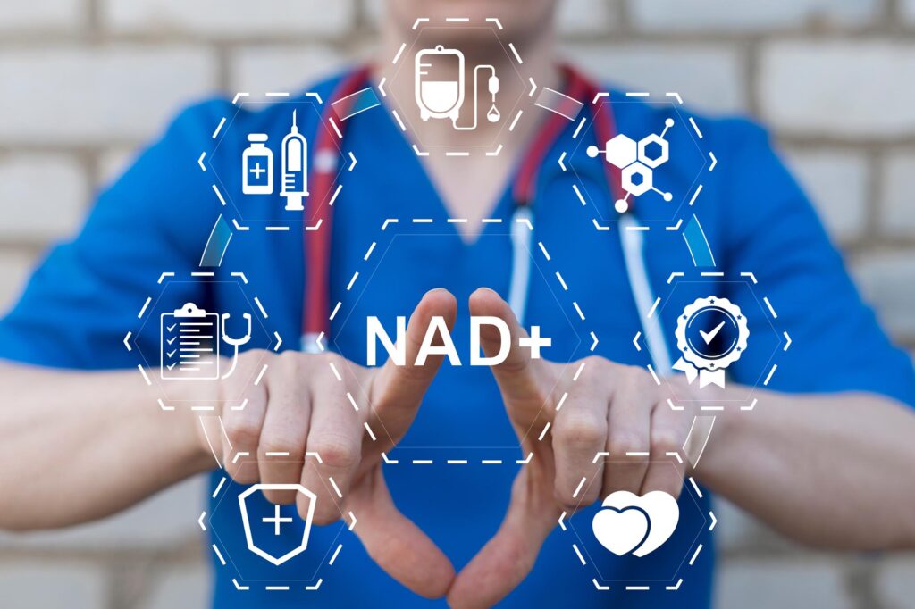 A doctor holds up a NAD+ symbol, representing Revity Medical's focus on health and cellular energy.
