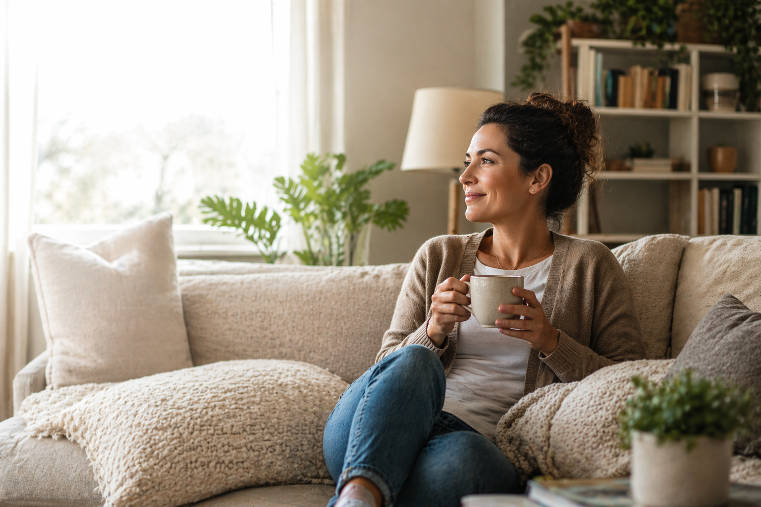 A woman sitting on a couch, sipping coffee and looking directly at the camera, with a cozy atmosphere at Revity Medical.