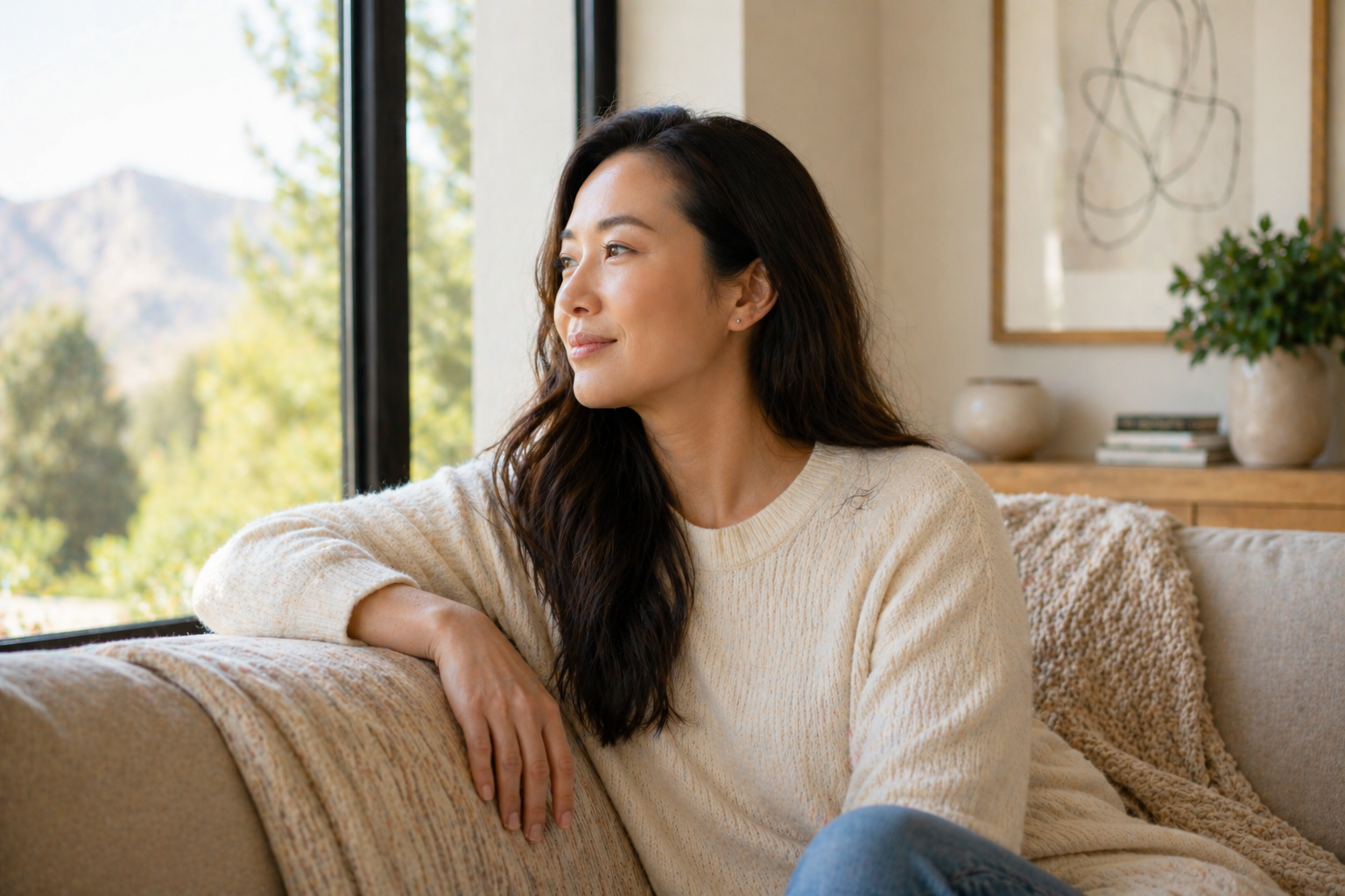 A woman sitting on a couch, gazing out the window, with a focus on her thoughtful expression at Revity Medical.