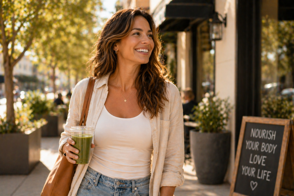 A woman walks down the street holding a green smoothie, promoting a healthy lifestyle for Revity Medical