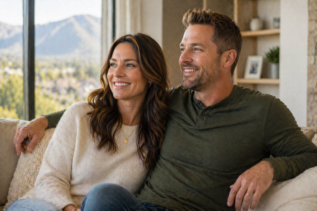 A man and woman sit on a couch by a window, with a Revity Medical logo visible in the background.