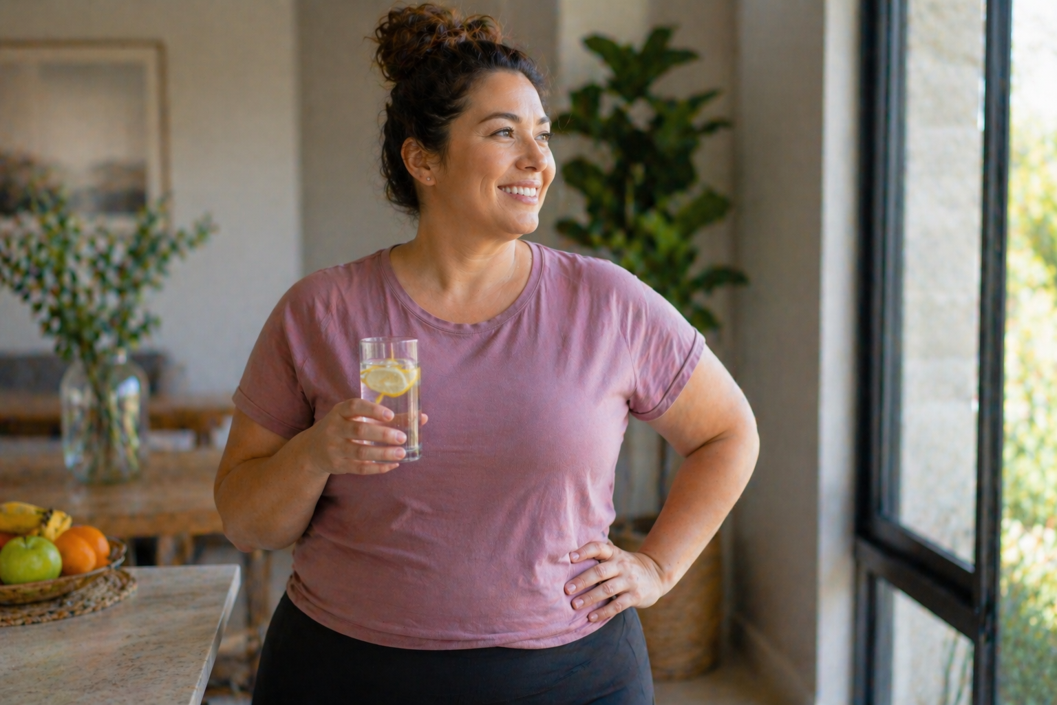 A woman stands by a window, holding a glass of water, representing Revity Medical's focus on health and wellness.
