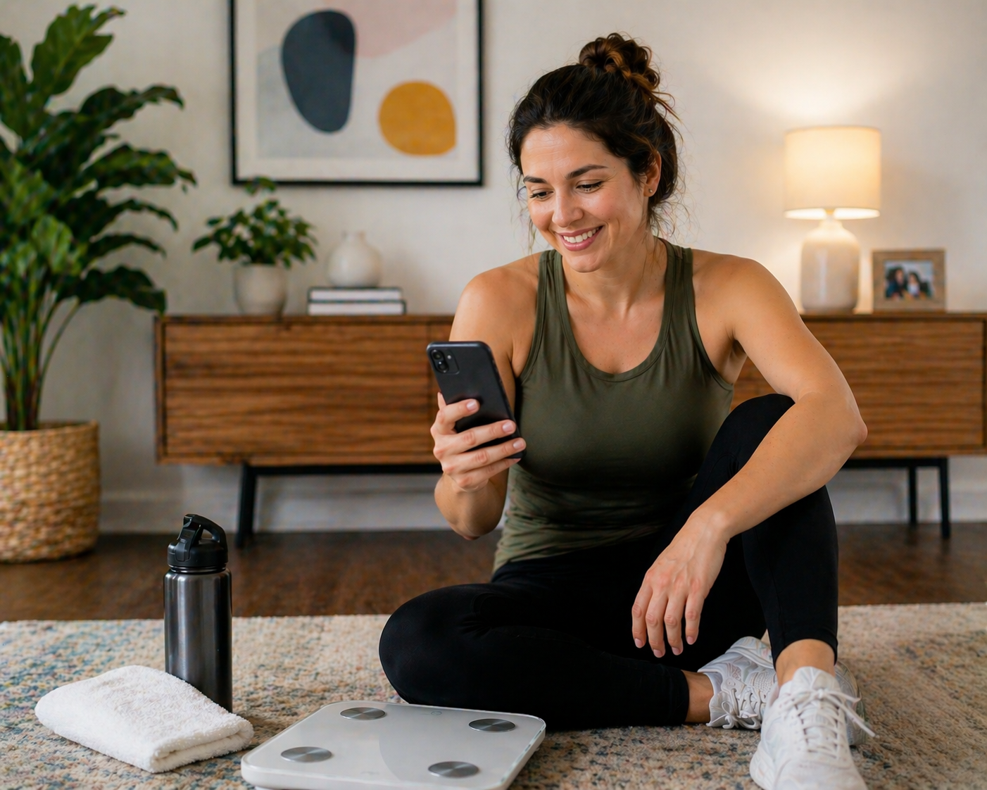 A woman sitting on the floor with a phone and a scale, associated with Revity Medical.