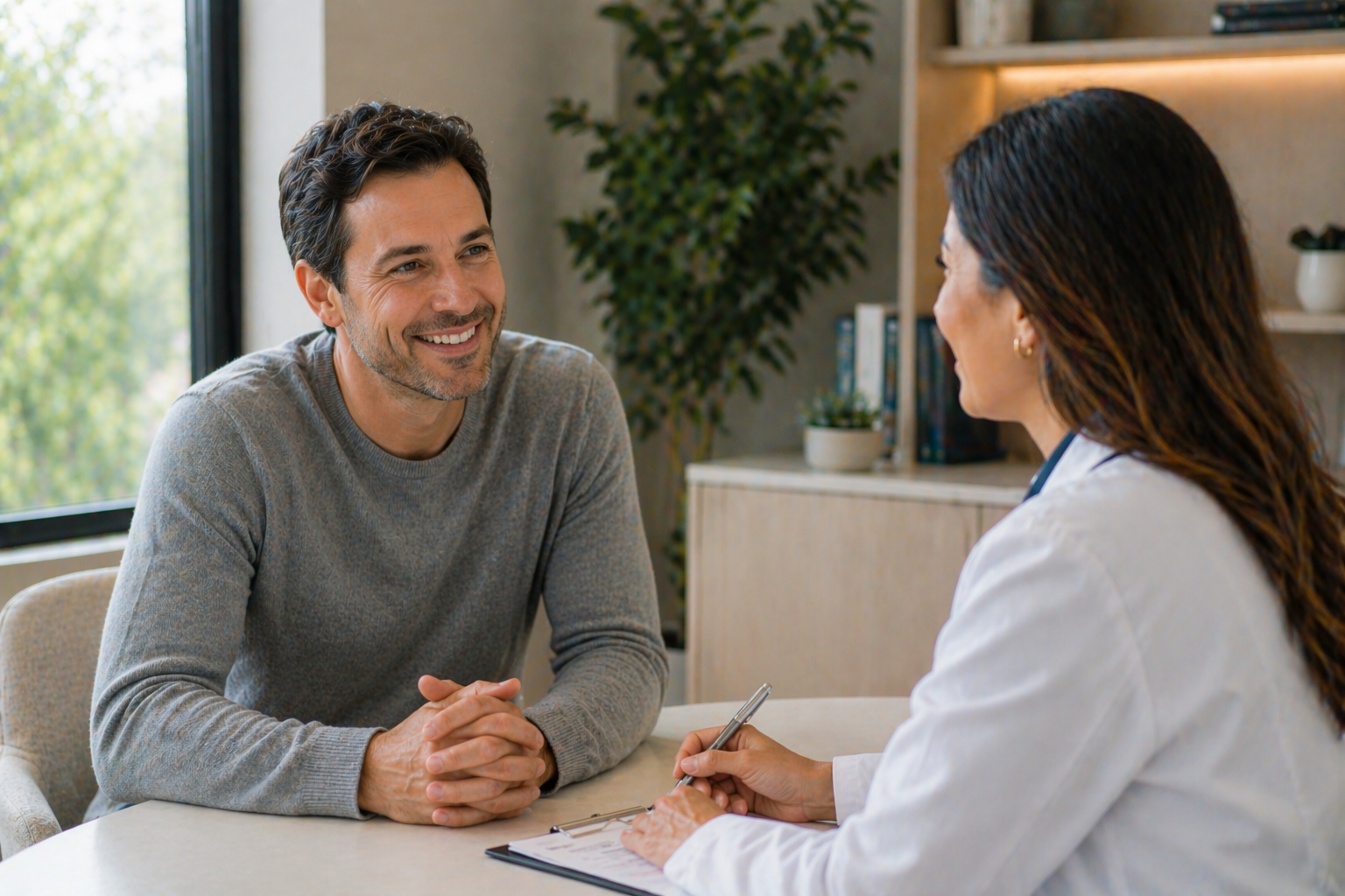 A man and woman engaged in conversation at a table, representing a discussion related to Revity Medical.