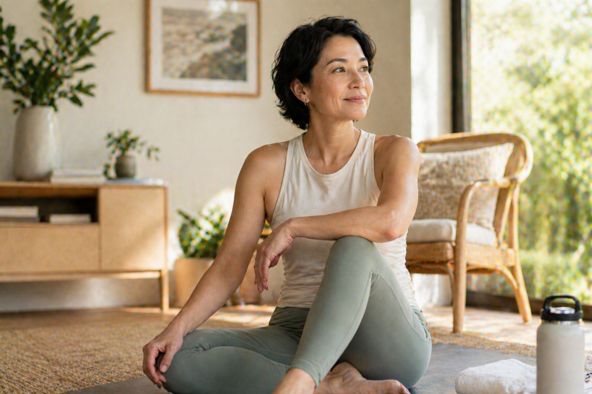 A woman practices yoga on a mat in front of a window, with natural light illuminating the serene space.
